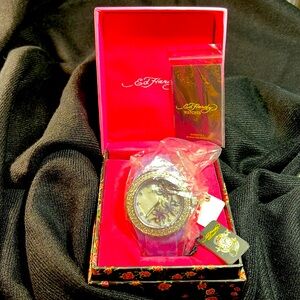 Ed Hardy Ladies Watch w/Swarovski Elements & Lavender Silicone Wristband, NIB